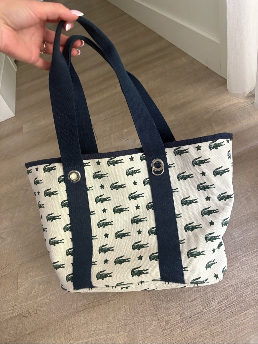 Lacoste Cream Canvas Tote with Navy Straps and Green Crocodile Print